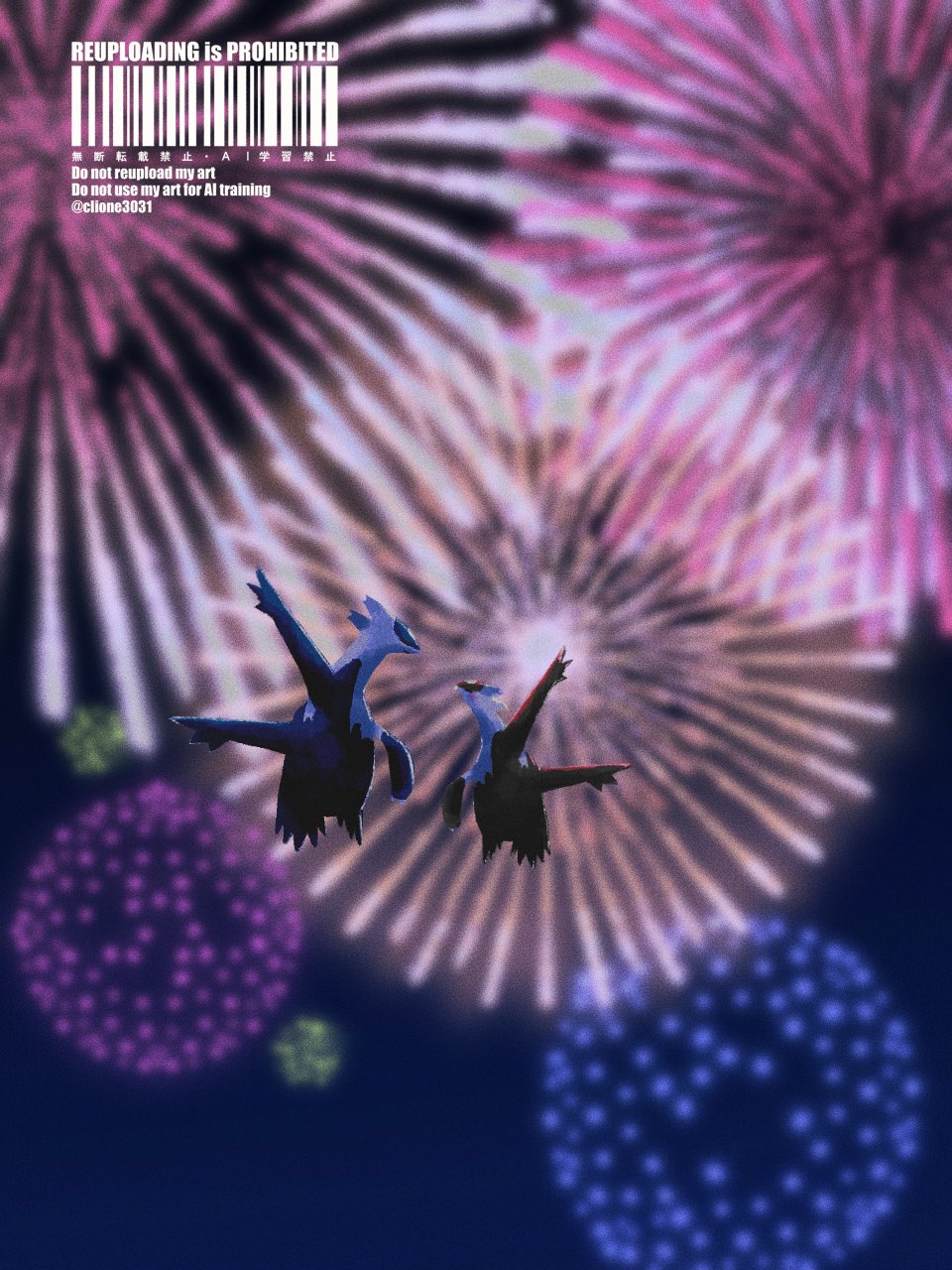 clione3031, latias, latios, nintendo, pokemon, highres, aerial fireworks, claws, closed eyes, closed mouth, dragon, fireworks, flying, full body, gen 3 pokemon, legendary pokemon, night, night sky, no humans, open mouth, outdoors, pokemon (creature), pokemon focus, sky, smile, wings