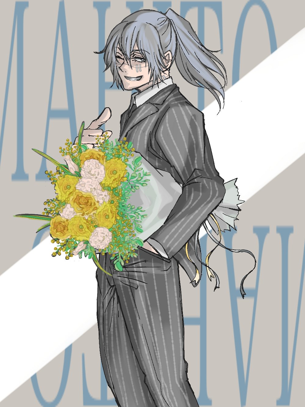 ivii3, mahito (jujutsu kaisen), jujutsu kaisen, highres, 1boy, alternate costume, alternate hairstyle, blue eyes, blue hair, bouquet, character name, feet out of frame, flower, formal clothes, grin, hair between eyes, holding, holding bouquet, long hair, male focus, one eye closed, ponytail, smile, solo, stitched face, stitches, suit, white flower, yellow flower