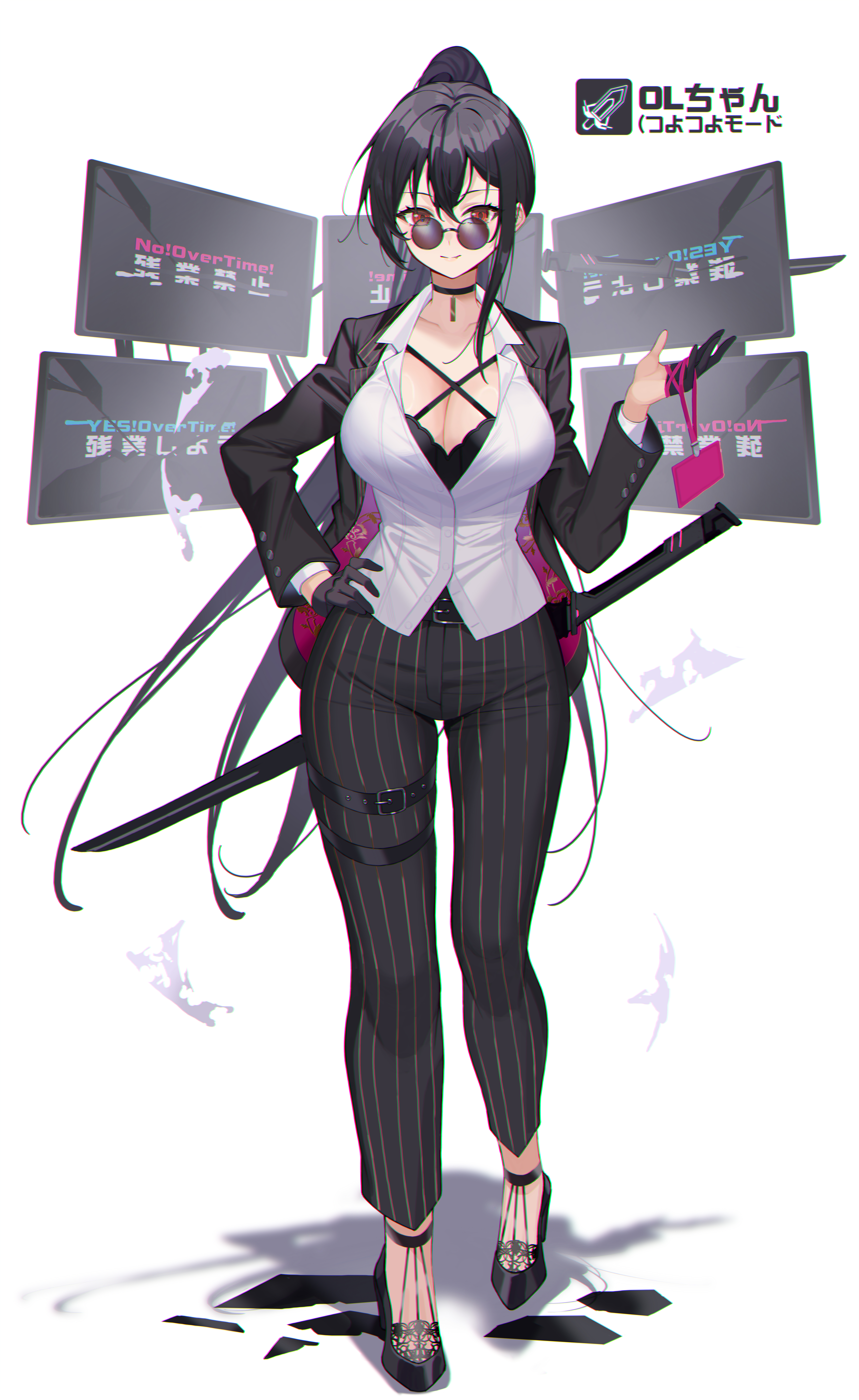 amahara subaru, original, absurdres, highres, 1girl, asymmetrical gloves, black choker, black gloves, black hair, breasts, choker, cleavage, collared shirt, glasses, gloves, hair between eyes, hand on own hip, high heels, high ponytail, jacket, lanyard, large breasts, long hair, office lady, pendant choker, ponytail, red eyes, round eyewear, shirt, smile, solo, sword, tinted eyewear, two-sided fabric, two-sided jacket, uneven gloves, very long hair, weapon, white shirt
