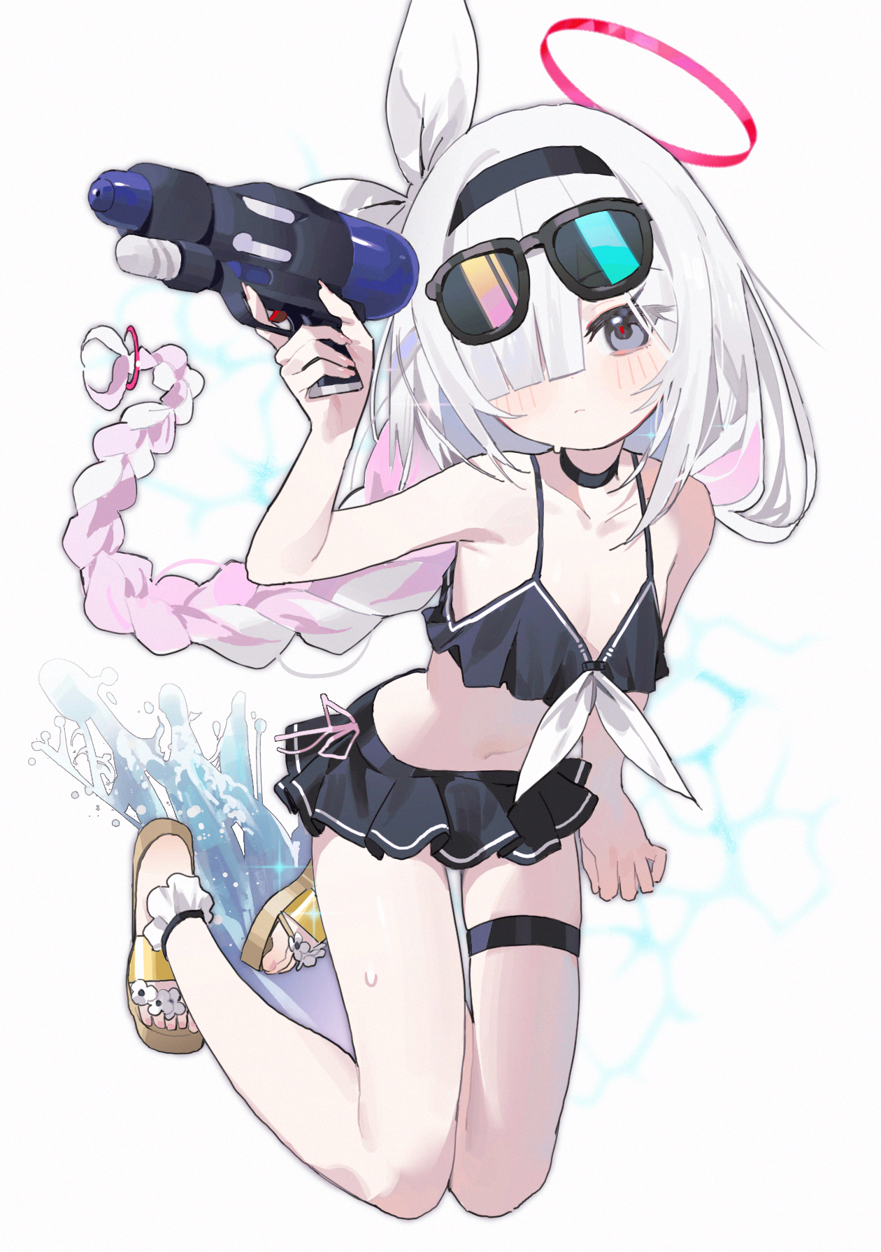 measho, plana (blue archive), blue archive, commentary, highres, symbol-only commentary, 1girl, bare legs, bare shoulders, bikini, black bikini, black choker, black hairband, braid, braided ponytail, choker, closed mouth, colored inner hair, dot nose, eyewear on head, feet, fingernails, flower, footwear flower, frilled anklet, hair between eyes, hair over one eye, hair ribbon, hairband, halo, hand up, jumping, light blush, loli, long braid, long hair, multicolored hair, nail polish, navel, one eye covered, pink hair, pink nails, red halo, red pupils, ribbon, sandals, solo, sunglasses, swimsuit, thigh strap, thighs, tilted headwear, toenails, toes, very long hair, water drop, water gun, white hair, white ribbon, yellow sandals