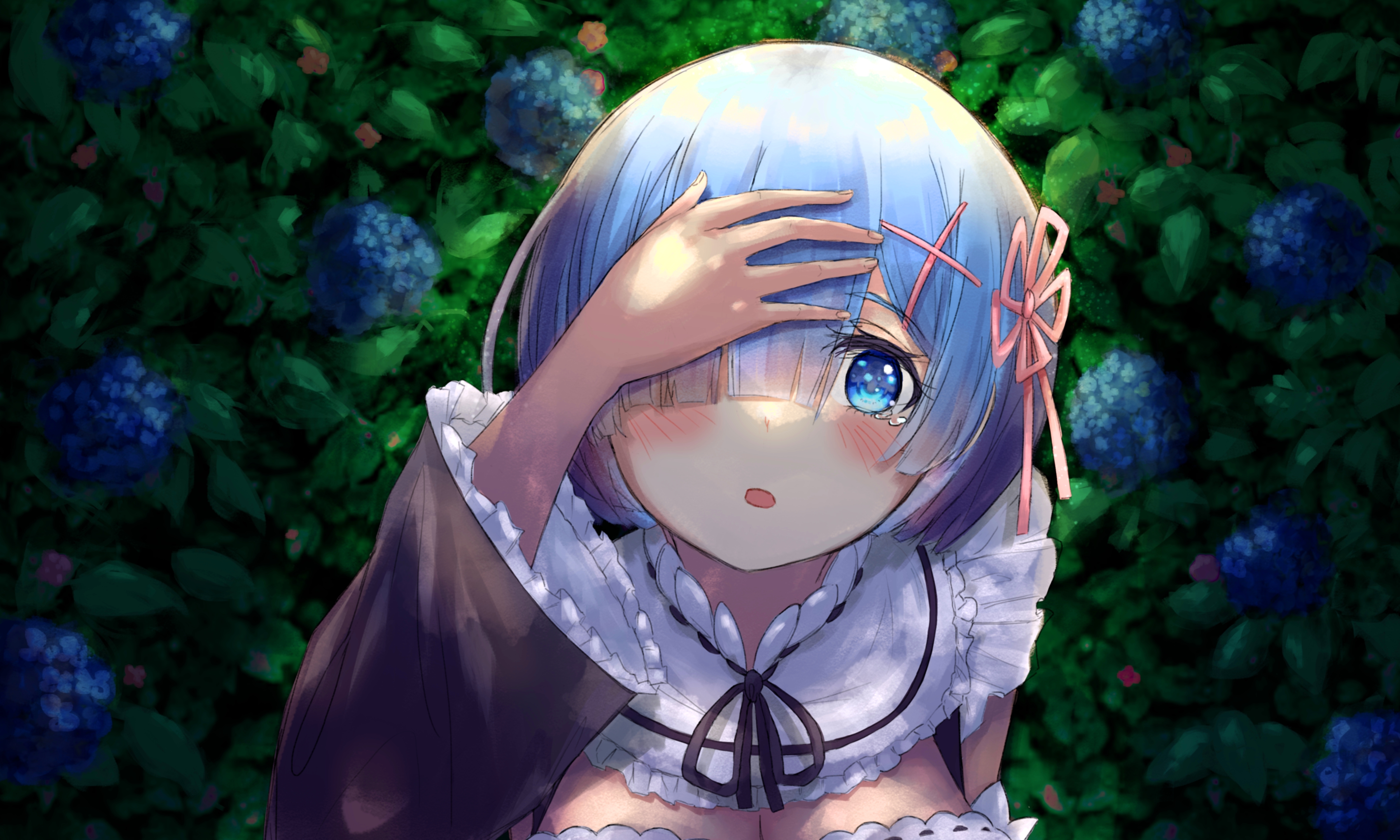rkt (rkt 0202), rem (re:zero), re:zero kara hajimeru isekai seikatsu, absurdres, highres, 1girl, blue hair, blunt bangs, blush, bow, covering own eyes, floral background, flower, frills, hair between eyes, hair bow, hair ornament, hairclip, hand on own face, hydrangea, looking up, maid, maid headdress, nature, outdoors, ribbon, short hair, wide-eyed