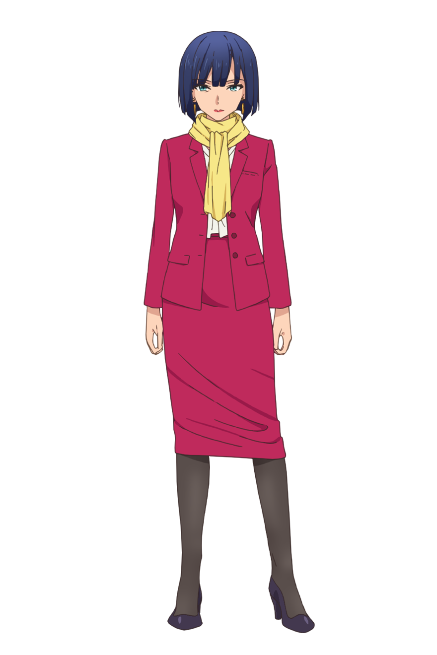 tsunako, yuugiri akino, engage kiss, highres, official art, 1girl, anime coloring, black pantyhose, blue hair, closed mouth, earrings, formal clothes, full body, green eyes, high heels, jacket, jewelry, lips, long sleeves, looking at viewer, open clothes, open jacket, pantyhose, pencil skirt, purple shoes, red jacket, red skirt, scarf, shirt, shoes, short hair, simple background, skirt, solo, standing, suit, transparent background, tsurime, white shirt, yellow scarf