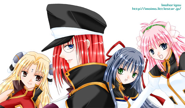 forte stollen, karasuma chitose, milfeulle sakuraba, ranpha franboise, galaxy angel, 00s, 4girls, blonde hair, blue eyes, blue hair, brown eyes, green eyes, hat, long hair, looking at viewer, monocle, multiple girls, peaked cap, pink hair, red hair, simple background, smile, watermark, web address, white background