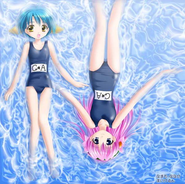 milfeulle sakuraba, mint blancmanche, galaxy angel, 00s, 2girls, animal ears, blue eyes, blue hair, multiple girls, pink hair, school swimsuit, short hair, swimsuit, yellow eyes