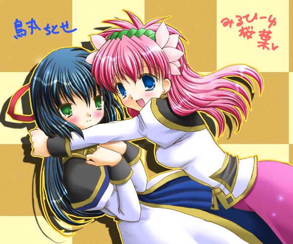 karasuma chitose, milfeulle sakuraba, galaxy angel, 00s, 2girls, blue eyes, blue hair, blush, character name, checkered background, flower, green eyes, hair flower, hair ornament, long hair, multiple girls, pink hair, puffy sleeves, simple background, smile