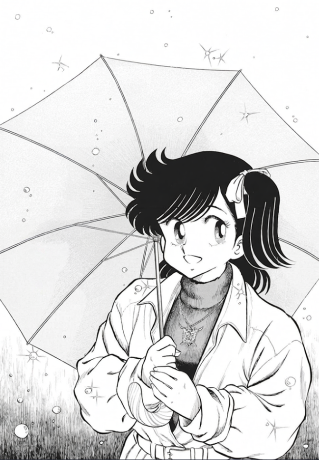 tooyama hikaru, harada izumi, heart catch izumi-chan, 1980s (style), non-web source, 1girl, black eyes, coat, holding, holding umbrella, jewelry, looking at another, monochrome, necklace, oldschool, one side up, retro artstyle, ribbon, side ponytail, smile, solo, sweater, umbrella, upper body, water drop