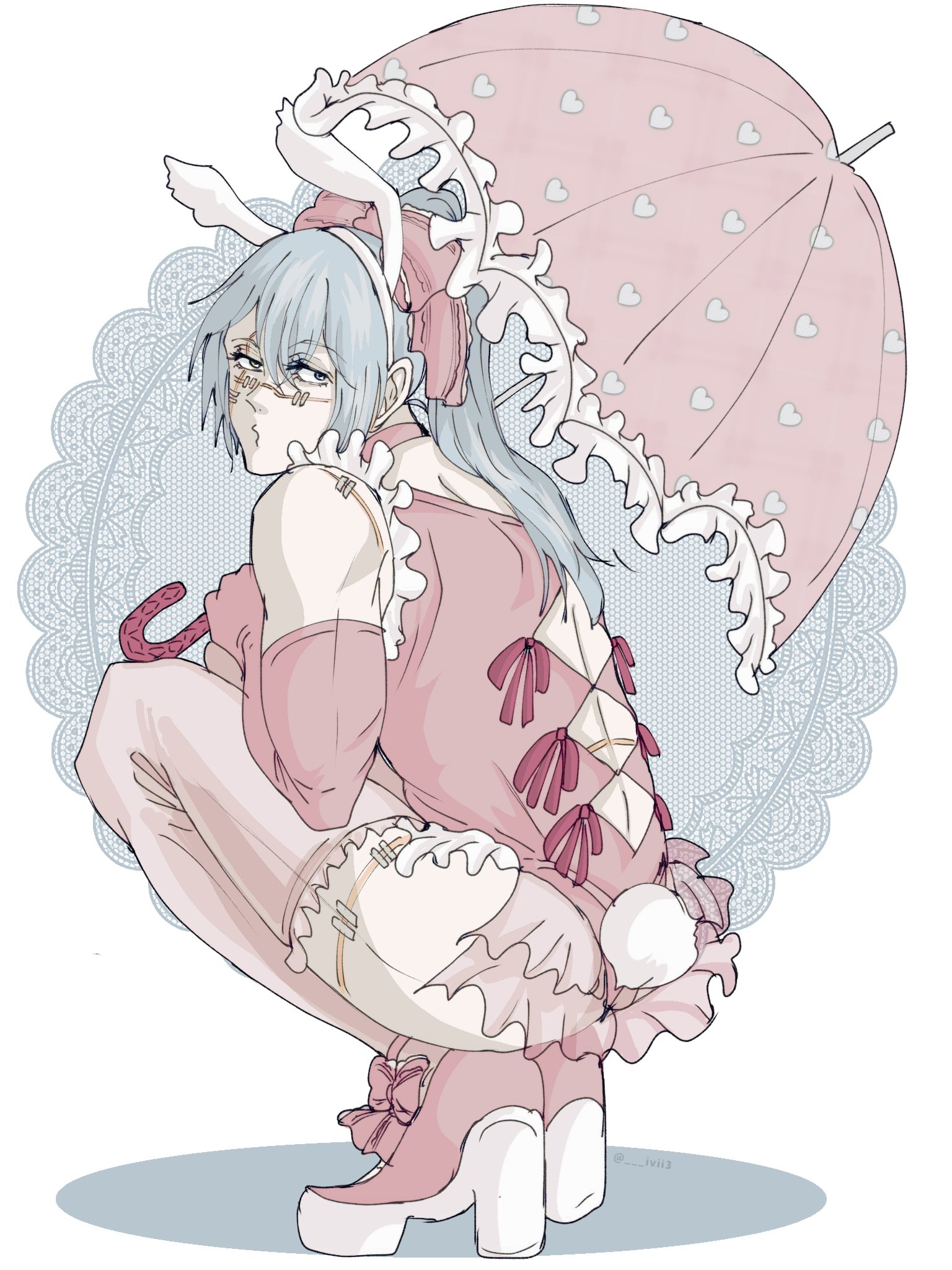 ivii3, mahito (jujutsu kaisen), jujutsu kaisen, highres, 1boy, alternate costume, alternate hairstyle, animal ears, blue eyes, blue hair, crossdressing, crossdressing (mtf), elbow gloves, fake animal ears, fake tail, frilled thighhighs, frilled umbrella, frills, full body, gloves, hair between eyes, heart, heart print, heterochromia, high heels, holding, holding umbrella, long hair, male focus, parted lips, pink gloves, rabbit ears, rabbit tail, solo, squatting, stitched face, stitches, tail, thighhighs, twitter username, umbrella, yellow eyes