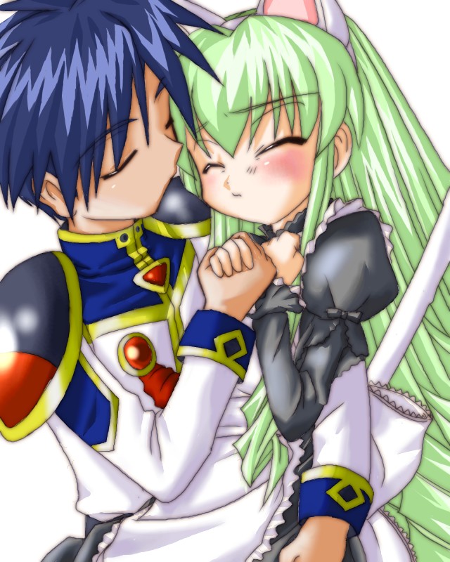 takuto meyers, vanilla h, galaxy angel, tagme, 00s, 1boy, 1girl, animal ears, blush, cat ears, closed eyes, green hair, simple background, white background