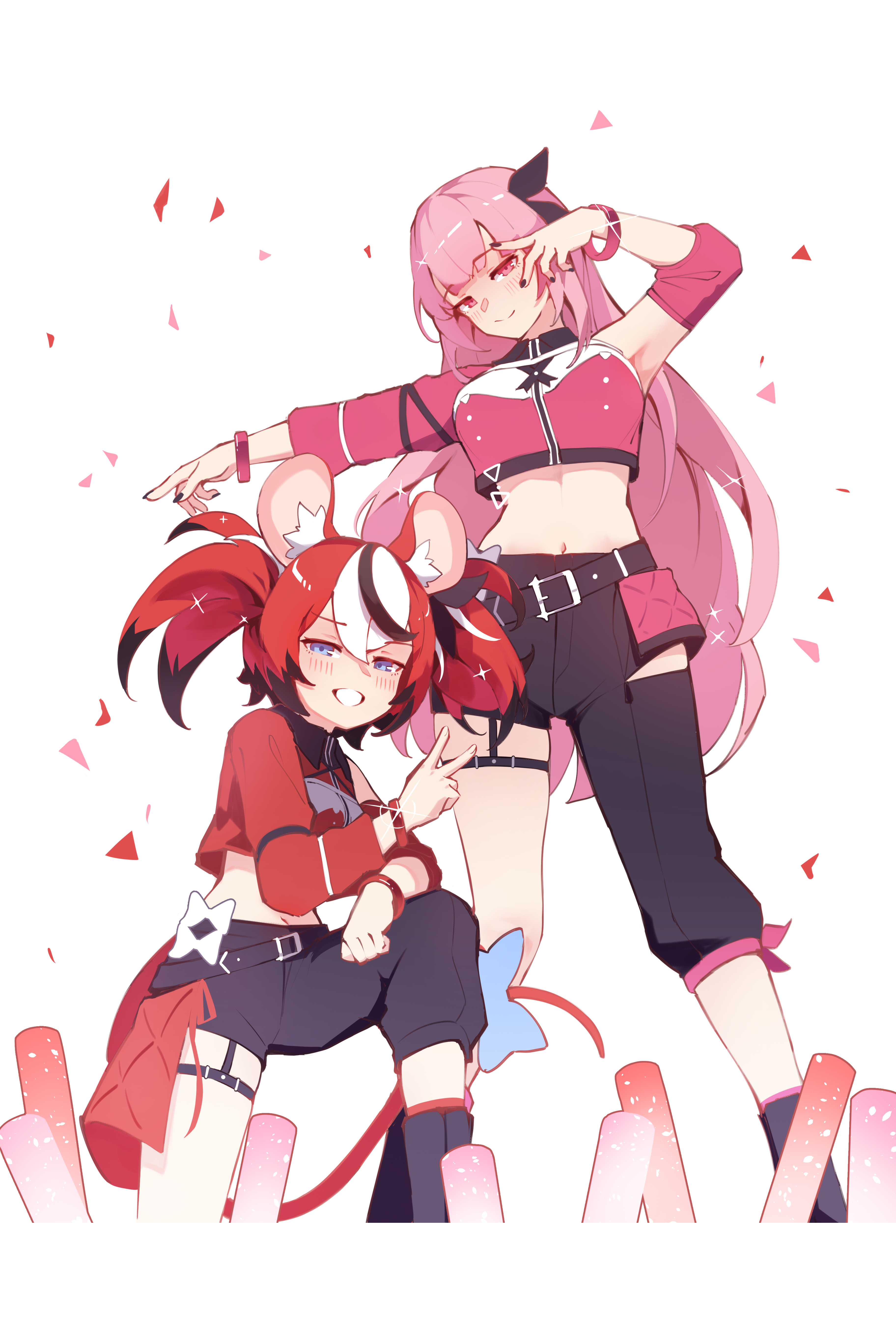 namiorii, hakos baelz, mori calliope, hololive, hololive english, absurdres, commentary, english commentary, highres, 2girls, animal ears, asymmetrical pants, belt, black belt, black nails, blue eyes, confetti, glowstick, hololive idol uniform (color rise), long hair, midriff, mouse ears, mouse tail, multicolored hair, multiple girls, navel, on one knee, pink eyes, pink hair, red hair, smile, streaked hair, tail, twintails, v, virtual youtuber, wristband