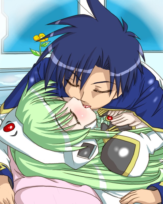 takuto meyers, vanilla h, galaxy angel, 00s, 1boy, 1girl, blue hair, blush, closed eyes, flower, french kiss, green hair, hetero, indoors, kiss, long hair, lying, on back, pillow, short hair