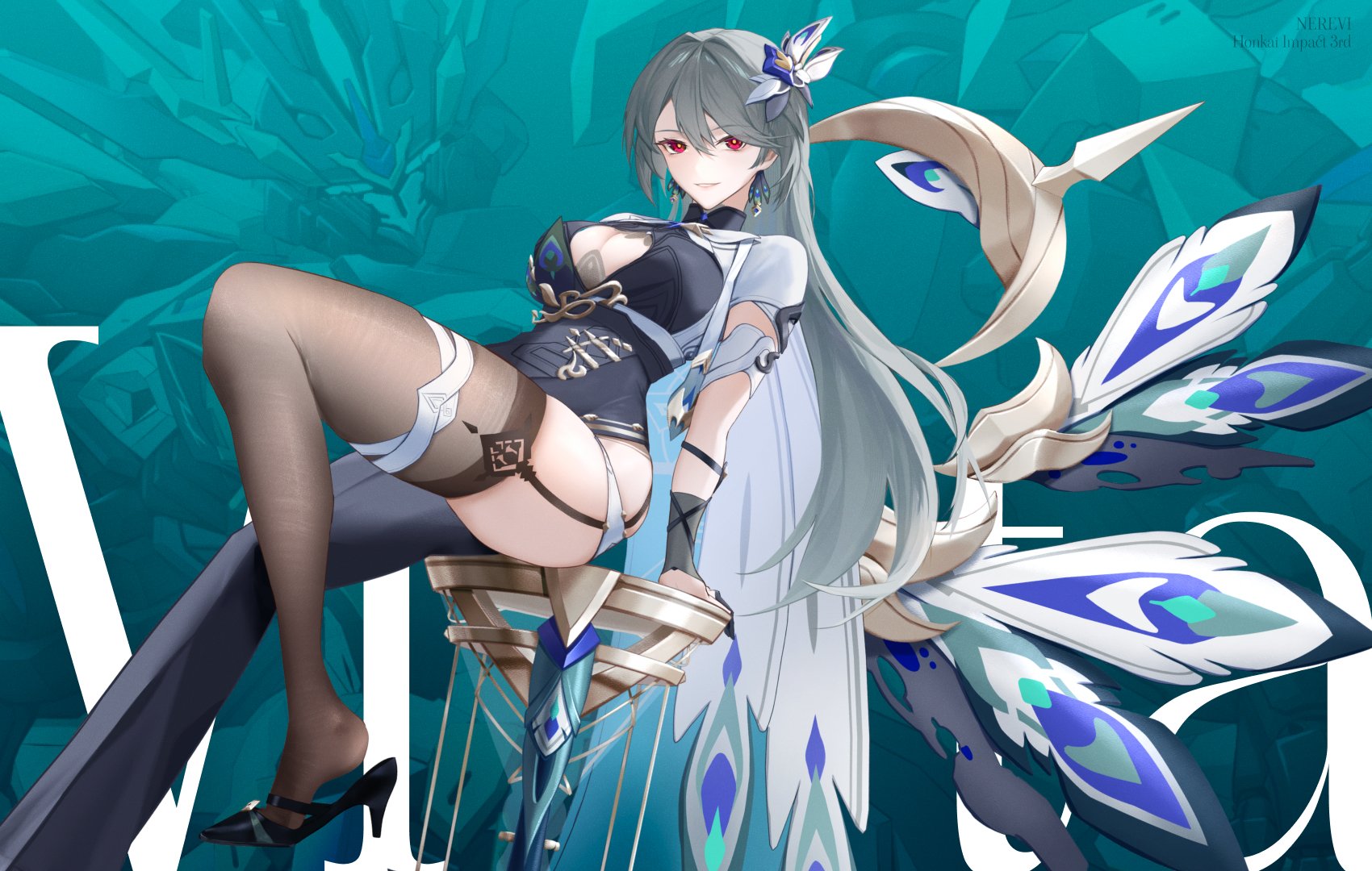 nerevi, vita (honkai impact), vita (lone planetfarer) (honkai impact), honkai (series), honkai impact 3rd, commentary request, highres, 1girl, black bodysuit, black garter straps, black thighhighs, bodysuit, breasts, cleavage, earrings, garter straps, grey hair, high heels, jewelry, large breasts, long hair, looking at viewer, red eyes, single leg bodysuit, single thighhigh, sitting, solo, thighhighs, thighs, very long hair