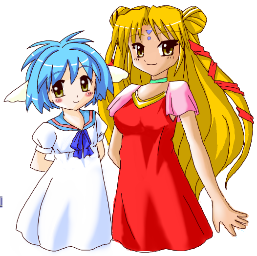 mint blancmanche, ranpha franboise, galaxy angel, 00s, 2girls, animal ears, arms behind back, blonde hair, blue hair, blush, brown eyes, choker, dress, facial mark, forehead mark, gloves, looking at viewer, multiple girls, puffy sleeves, short dress, short hair, simple background, smile, white background, yellow eyes