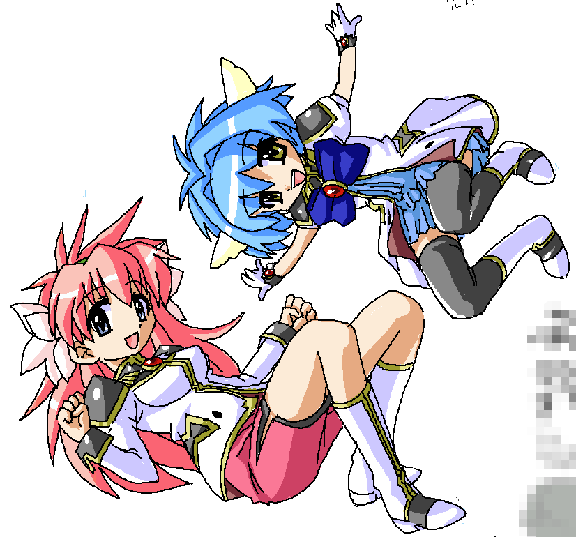 milfeulle sakuraba, mint blancmanche, galaxy angel, aliasing, 00s, 2girls, animal ears, blue eyes, blue hair, boots, brown eyes, dress, gloves, looking at viewer, multiple girls, pink hair, puffy sleeves, short dress, short hair, simple background, skirt, thighhighs, white background, yellow eyes