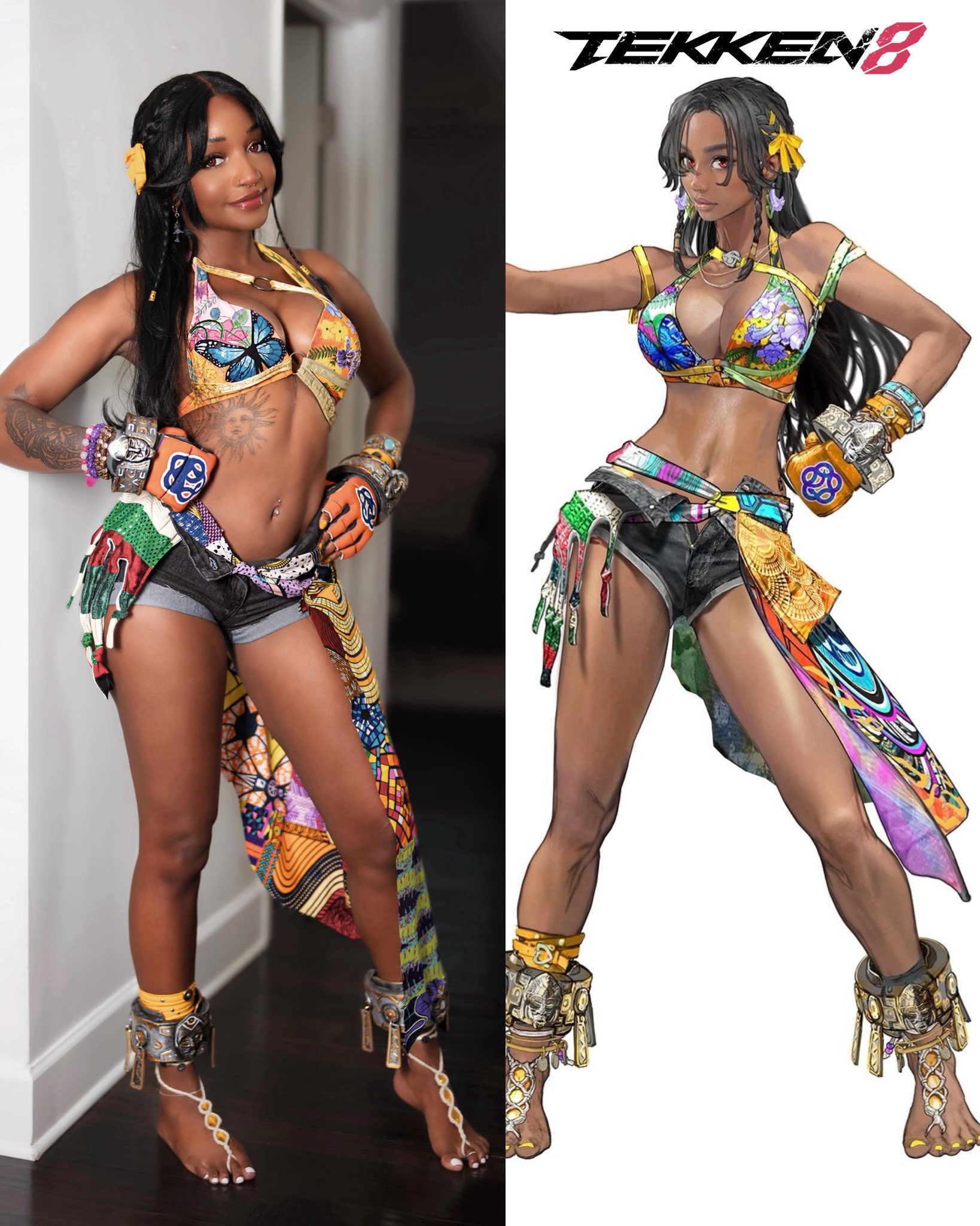 miary zo, namco, real life, tekken, tekken 8, cosplay photo, derivative work, highres, official art, photo (medium), 2girls, anklet, arm tattoo, bare shoulders, barefoot, black hair, black shorts, breasts, cleavage, copyright name, dark-skinned female, dark skin, female focus, fingerless gloves, full body, gloves, hair ribbon, jewelry, kayyybearxo, large breasts, long hair, looking at viewer, miary zo (cosplay), mma gloves, multiple girls, navel, ribbon, sarong, shorts, standing, tattoo, unzipped, yellow nails, yellow ribbon