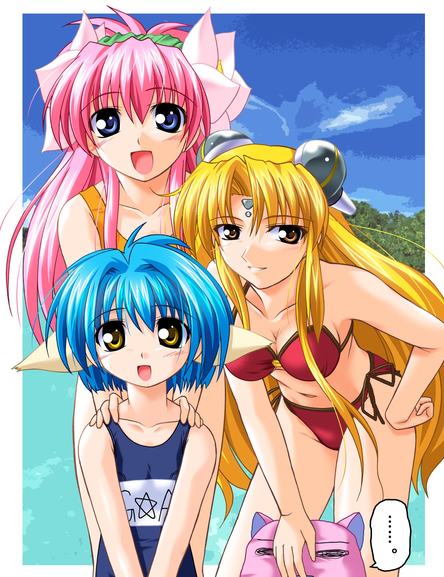 chogenbo musasiya, milfeulle sakuraba, mint blancmanche, normad, ranpha franboise, galaxy angel, highres, 00s, 3girls, animal ears, bikini, blonde hair, blue eyes, blue hair, blush, breasts, brown eyes, cloud, flat chest, hand on own hip, large breasts, long hair, looking at viewer, multiple girls, open mouth, outdoors, pink hair, school swimsuit, short hair, sky, smile, speech bubble, swimsuit, yellow eyes