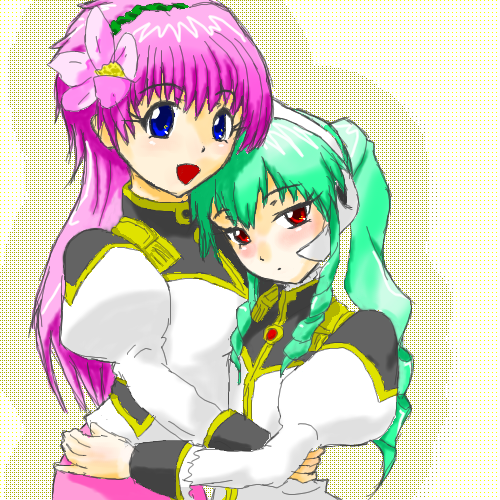 milfeulle sakuraba, vanilla h, galaxy angel, lowres, 00s, 2girls, blue eyes, green hair, high ponytail, long hair, multiple girls, pink hair, ponytail, red eyes, simple background, smile