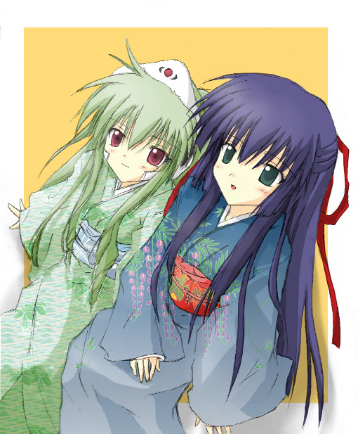 karasuma chitose, vanilla h, galaxy angel, 00s, 2girls, blue hair, blush, green eyes, green hair, japanese clothes, kimono, long hair, multiple girls, red eyes, simple background, smile, yukata