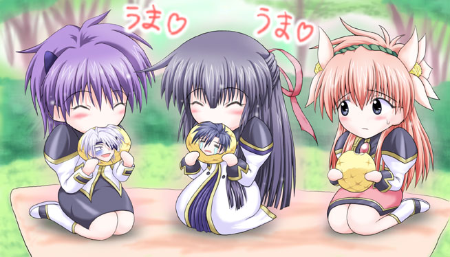 almo, karasuma chitose, lester coolduras, milfeulle sakuraba, takuto meyers, galaxy angel, non-web source, 00s, 2boys, 3girls, ^ ^, blue eyes, blue hair, blush, bread, closed eyes, eating, eyepatch, food, forest, half updo, kneeling, melon bread, military, military uniform, multiple boys, multiple girls, nature, outdoors, picnic, pink hair, smile, tears, what