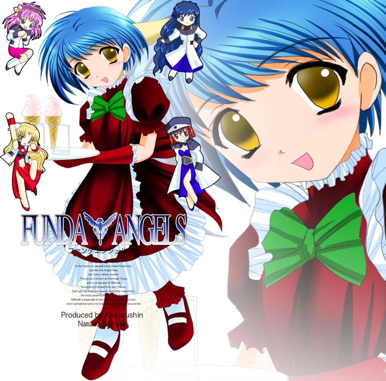 forte stollen, karasuma chitose, milfeulle sakuraba, mint blancmanche, ranpha franboise, galaxy angel, 00s, 5girls, blonde hair, blue eyes, blue hair, brown eyes, cleavage cutout, clothing cutout, long hair, looking at viewer, monocle, multiple girls, pink hair, red hair, short hair, smile
