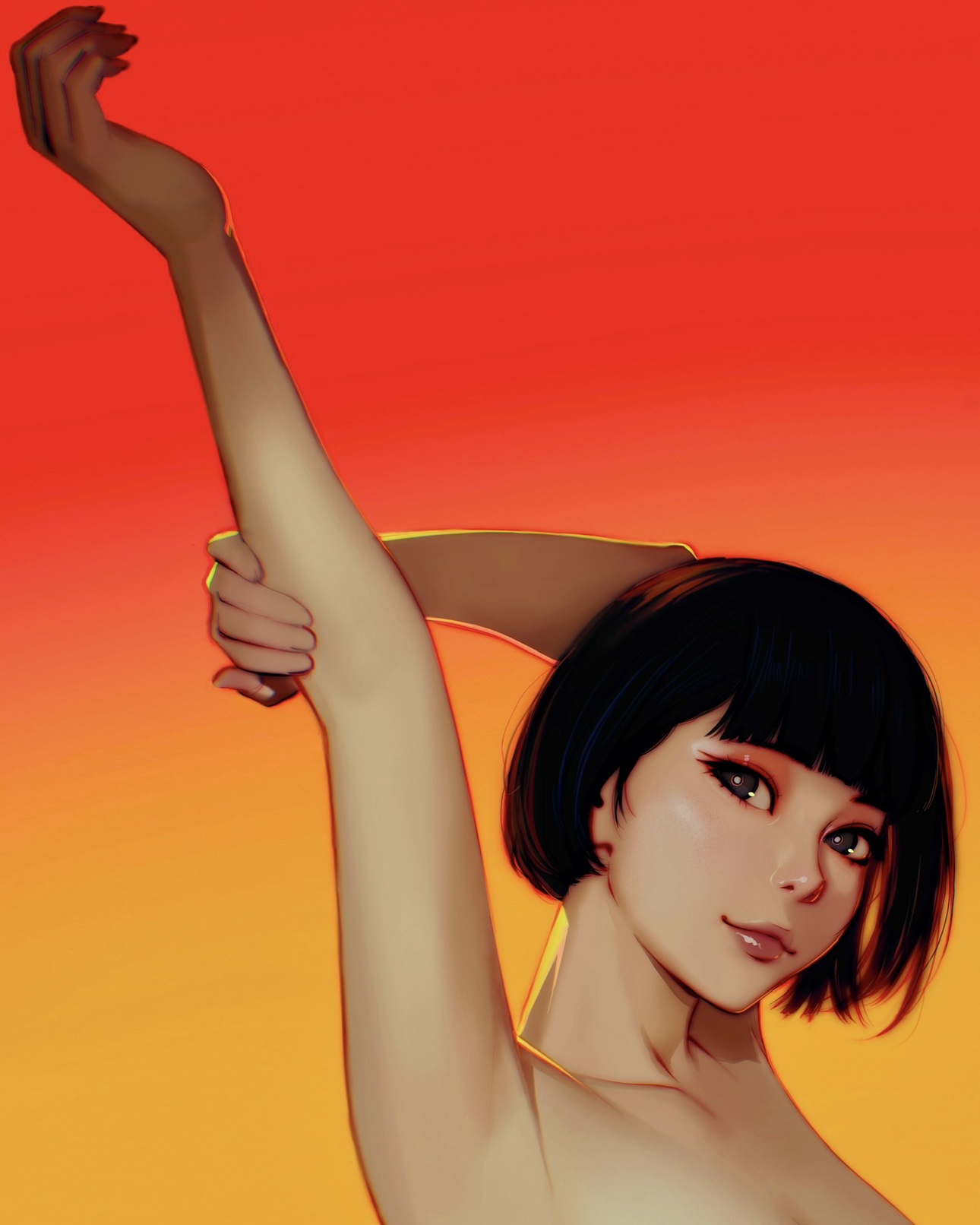 ilya kuvshinov, original, highres, 1girl, arms up, bare shoulders, black eyes, black hair, bob cut, from side, gradient background, lips, looking at viewer, portrait, red background, short hair, solo, yellow background