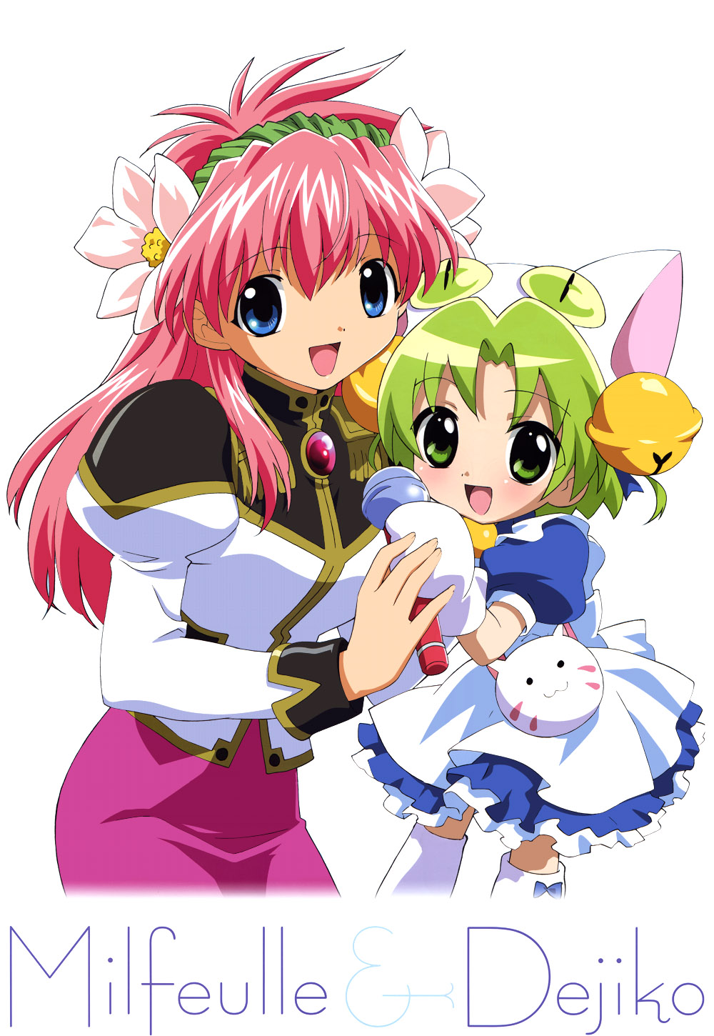 dejiko, milfeulle sakuraba, di gi charat, galaxy angel, highres, 00s, 2girls, animal ears, bell, blue eyes, blush, cat ears, character name, crossover, dress, fake animal ears, flower, gloves, green eyes, green hair, hair flower, hair ornament, jingle bell, long hair, looking at viewer, microphone, multiple girls, pink hair, puffy sleeves, simple background, smile, white background