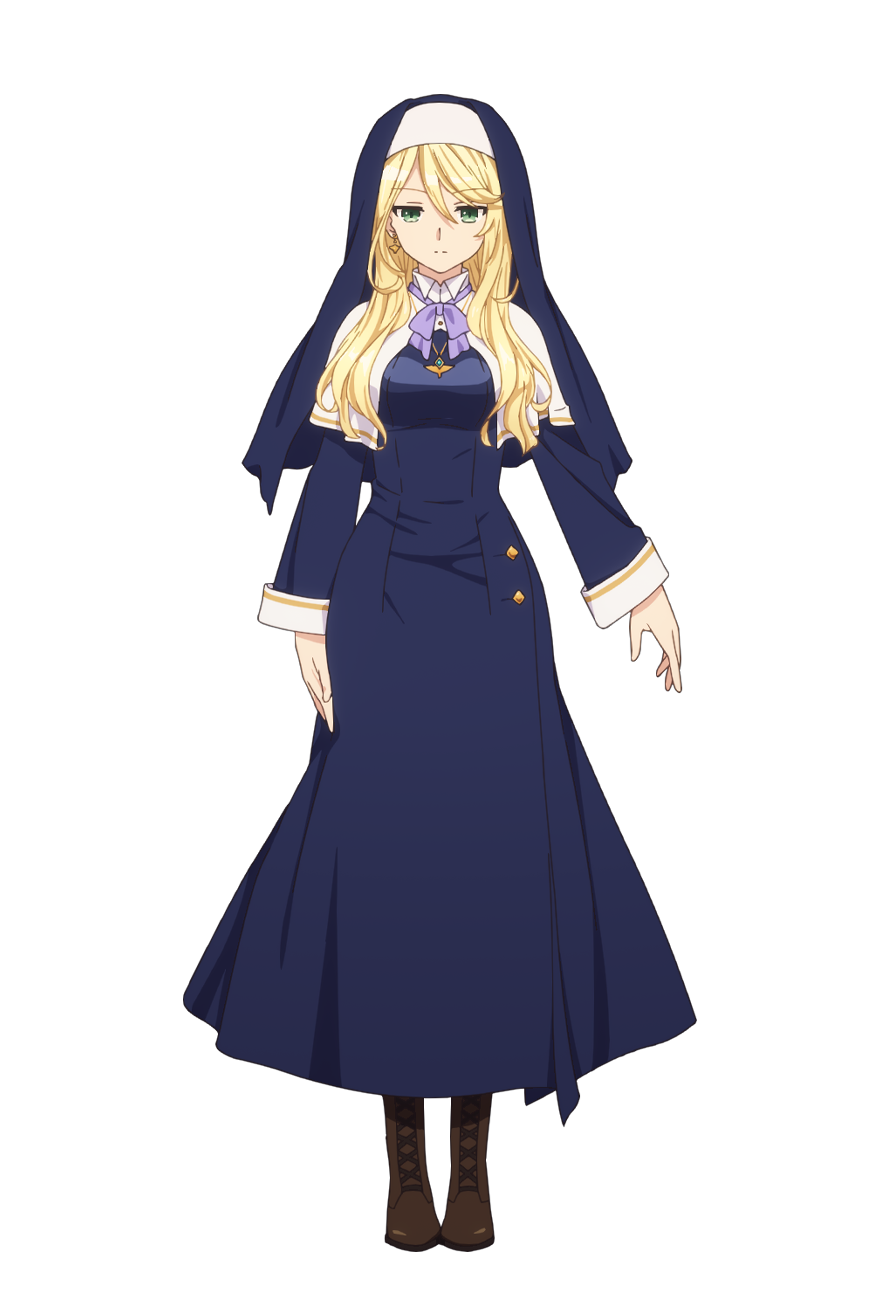 tsunako, sharon holygrail, engage kiss, highres, official art, 1girl, anime coloring, blonde hair, blue dress, boots, breasts, brown boots, cape, closed mouth, collared cape, dress, earrings, full body, green eyes, hair between eyes, jewelry, large breasts, long dress, long hair, long sleeves, looking at viewer, nun, outstretched arms, purple ribbon, ribbon, simple background, solo, standing, transparent background, veil, wavy hair, white cape