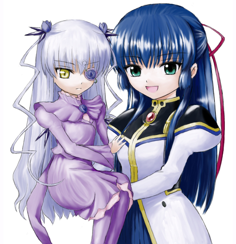 barasuishou, gotou saori, karasuma chitose, galaxy angel, rozen maiden, non-web source, 00s, 2girls, blue eyes, blue hair, crossover, doll, dress, eyepatch, green eyes, half updo, long hair, military, military uniform, multiple girls, pantyhose, voice actor connection, white hair, yellow eyes