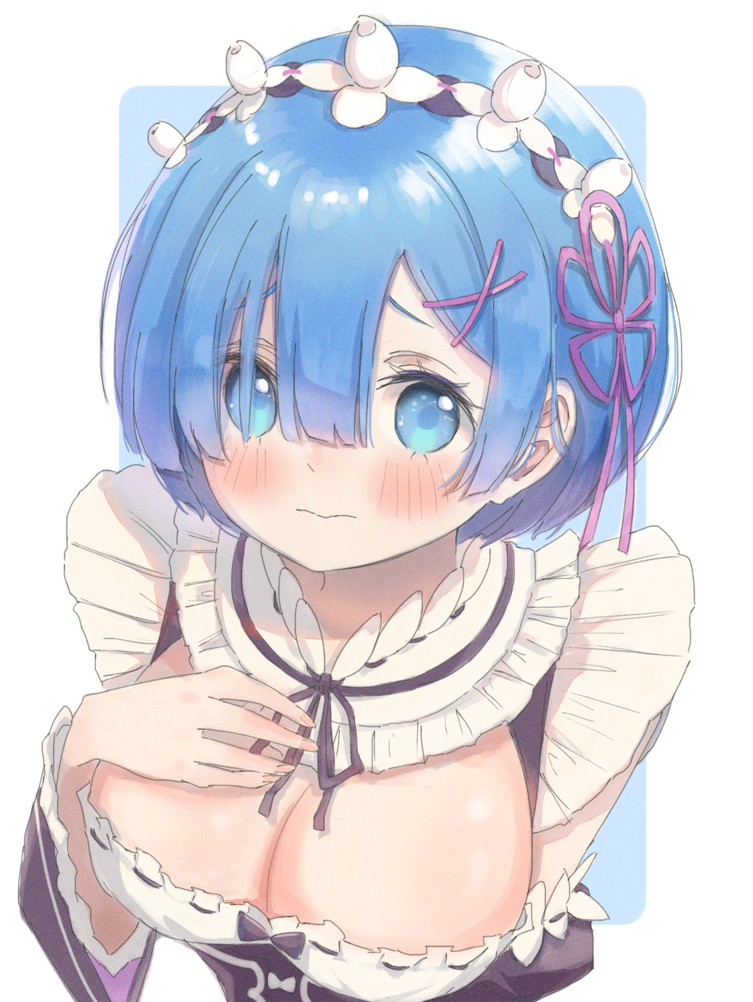 rkt (rkt 0202), rem (re:zero), re:zero kara hajimeru isekai seikatsu, absurdres, highres, 1girl, apron, black dress, blue hair, blush, bow, breasts, cleavage, detached sleeves, dress, flower, frills, hair between eyes, hair bow, hair flower, hair ornament, hairclip, headband, large breasts, looking at viewer, maid, maid apron, maid headdress, ribbon, short hair, smile, white apron