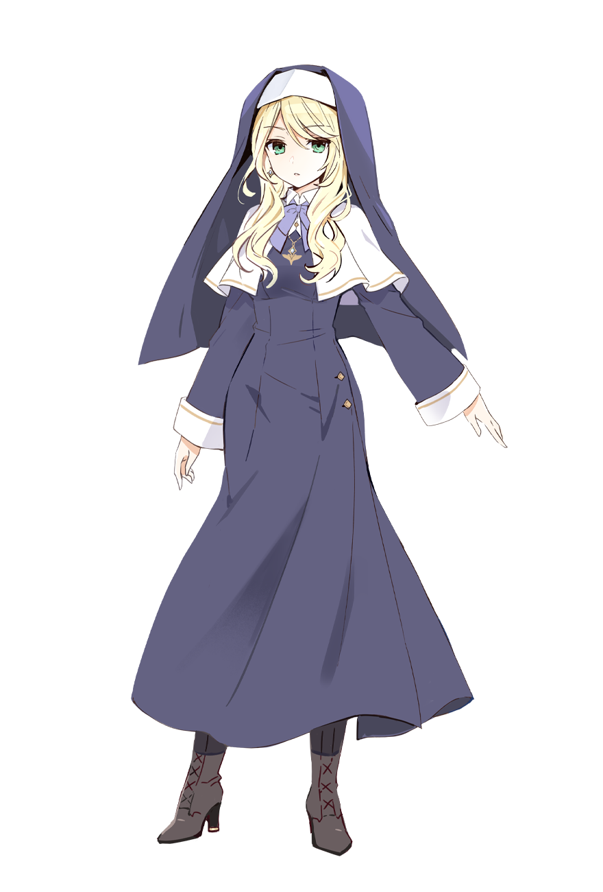 tsunako, sharon holygrail, engage kiss, highres, official art, 1girl, blonde hair, blue dress, boots, breasts, brown boots, cape, collared cape, dress, earrings, full body, green eyes, hair between eyes, jewelry, large breasts, long dress, long hair, long sleeves, looking at viewer, nun, outstretched arms, parted lips, purple ribbon, ribbon, simple background, sketch, solo, standing, transparent background, veil, wavy hair, white cape