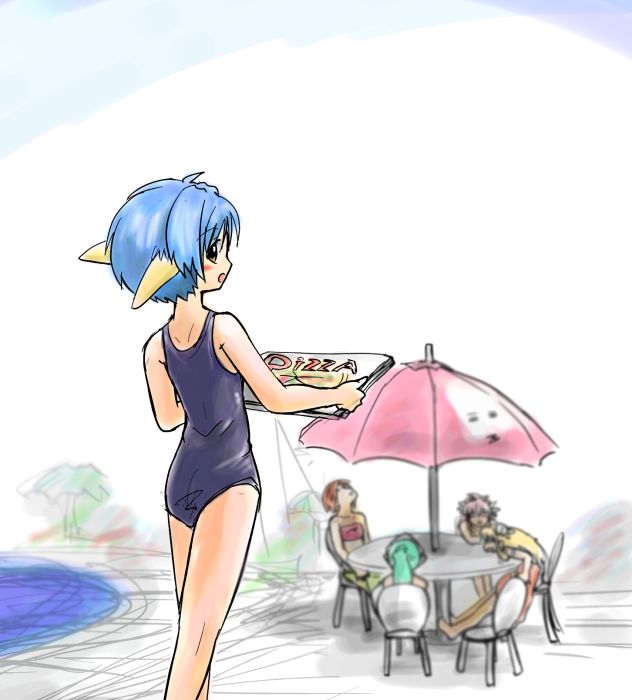 mint blancmanche, normad, galaxy angel, character request, tagme, 00s, 5girls, animal ears, blue hair, blush, brown eyes, looking at viewer, looking back, multiple girls, one-piece swimsuit, short hair, swimsuit, yellow eyes