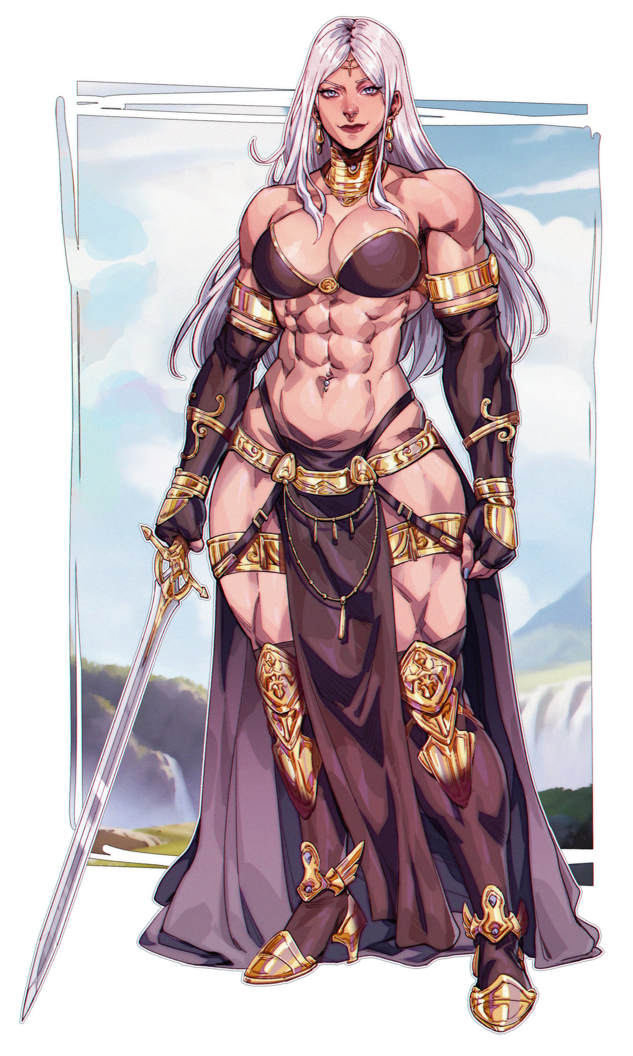az ciam, original, absurdres, highres, 1girl, abs, armlet, blue sky, border, bra, breasts, cleavage, cloud, cloudy sky, earrings, elbow gloves, fingerless gloves, gloves, grey eyes, high heels, holding, holding sword, holding weapon, jewelry, large breasts, loincloth, long hair, looking at viewer, navel piercing, necklace, piercing, skirt, sky, smile, solo, sword, thick thighs, thighs, underwear, water, waterfall, weapon, white border, white hair
