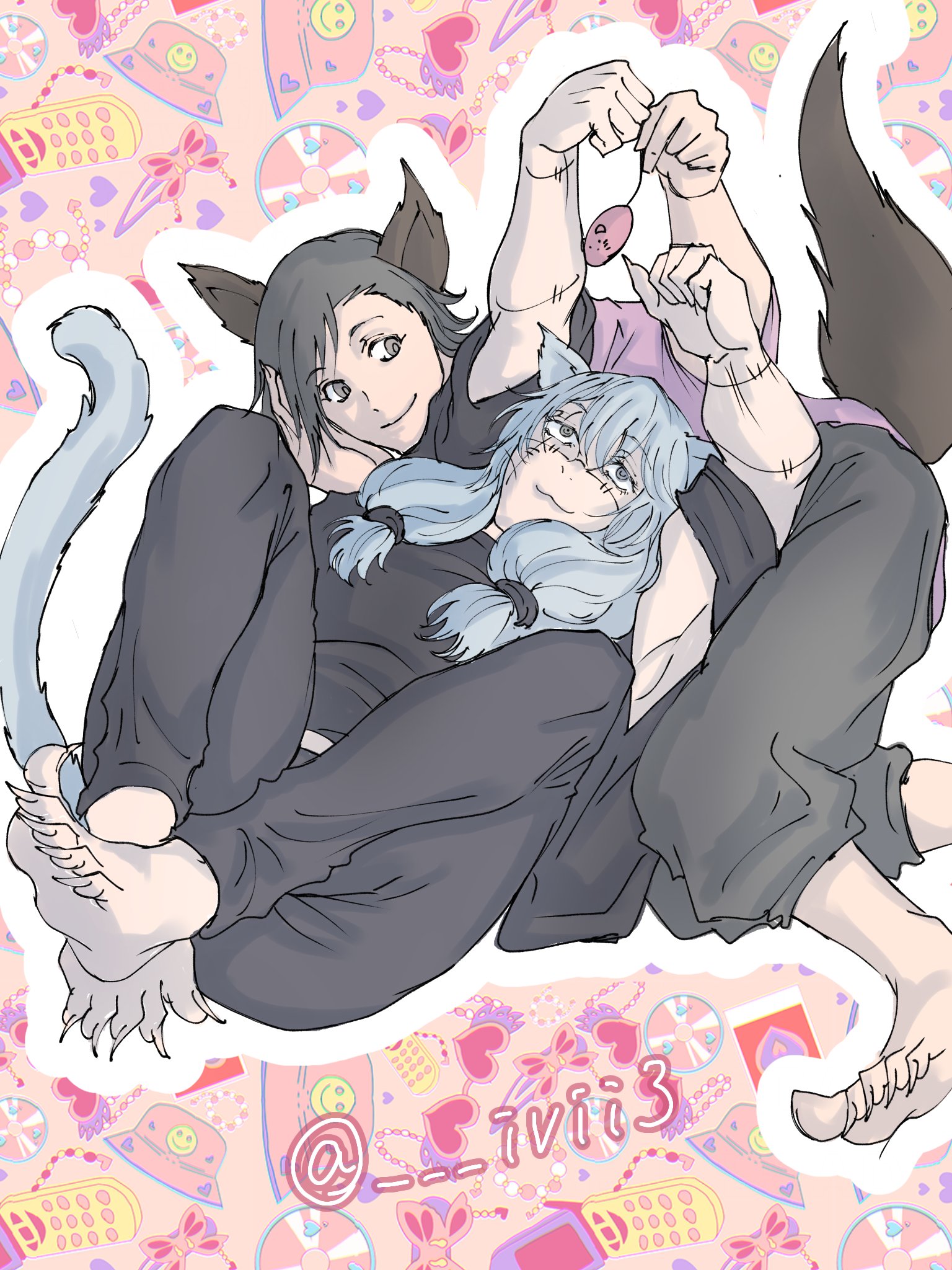 ivii3, mahito (jujutsu kaisen), yoshino junpei, jujutsu kaisen, highres, 2boys, animal ears, black hair, black pants, blue eyes, blue hair, cat boy, cat ears, cat tail, hair between eyes, heterochromia, long hair, long toenails, male focus, multiple boys, pants, short hair, solo, stitched face, stitches, tail, toenails, twitter username, yellow eyes