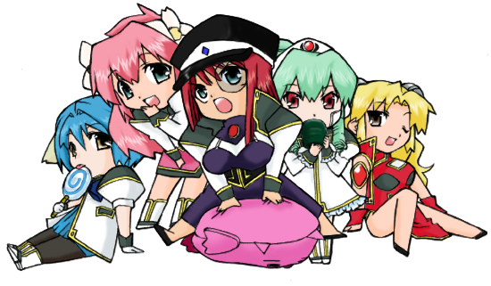 forte stollen, milfeulle sakuraba, mint blancmanche, normad, ranpha franboise, vanilla h, galaxy angel, 00s, 5girls, blonde hair, blue eyes, blue hair, brown eyes, candy, chibi, food, green hair, green tea, hat, lollipop, long hair, looking at viewer, monocle, multiple girls, one eye closed, peaked cap, pink hair, red eyes, red hair, side slit, simple background, smile, tea, white background, wink