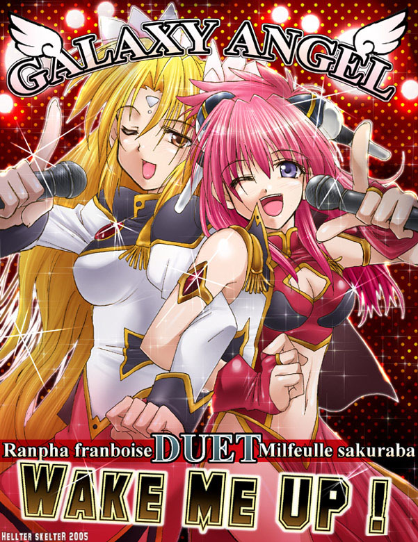 milfeulle sakuraba, ranpha franboise, galaxy angel, 00s, 2005, 2girls, artist name, bare legs, blonde hair, blue eyes, bracelet, bridal gauntlets, brown eyes, character name, cleavage cutout, clothing cutout, copyright name, cosplay, dress, english text, facial mark, forehead mark, gloves, hair ornament, hairclip, jewelry, long hair, looking at viewer, microphone, milfeulle sakuraba (cosplay), multiple girls, navel cutout, one eye closed, open mouth, pelvic curtain, pink hair, ranpha franboise (cosplay), side slit, smile, sparkle, very long hair, wink