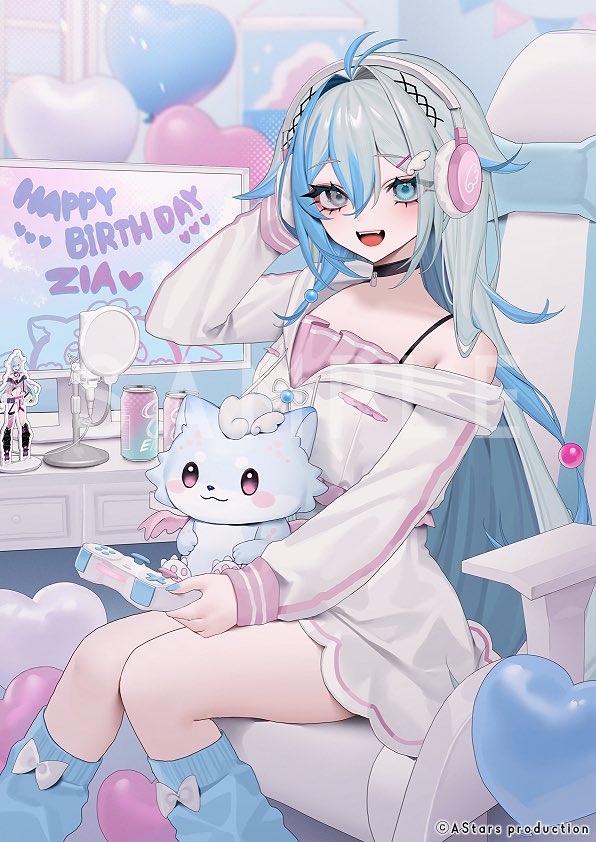 bebe (bebe pp), astars production, 1girl, antenna hair, balloon, black choker, blue eyes, blue hair, blue nails, blue socks, bow, can, chair, choker, controller, copyright notice, desk, game controller, grey eyes, grey hair, hair between eyes, hair ornament, happy birthday, headphones, heart, heart balloon, heterochromia, holding, holding controller, holding game controller, long hair, long sleeves, monitor, multicolored hair, on chair, open mouth, sitting, smile, socks, standee, streaked hair, teeth, upper teeth only, virtual youtuber, white bow, wing hair ornament, zia sylph