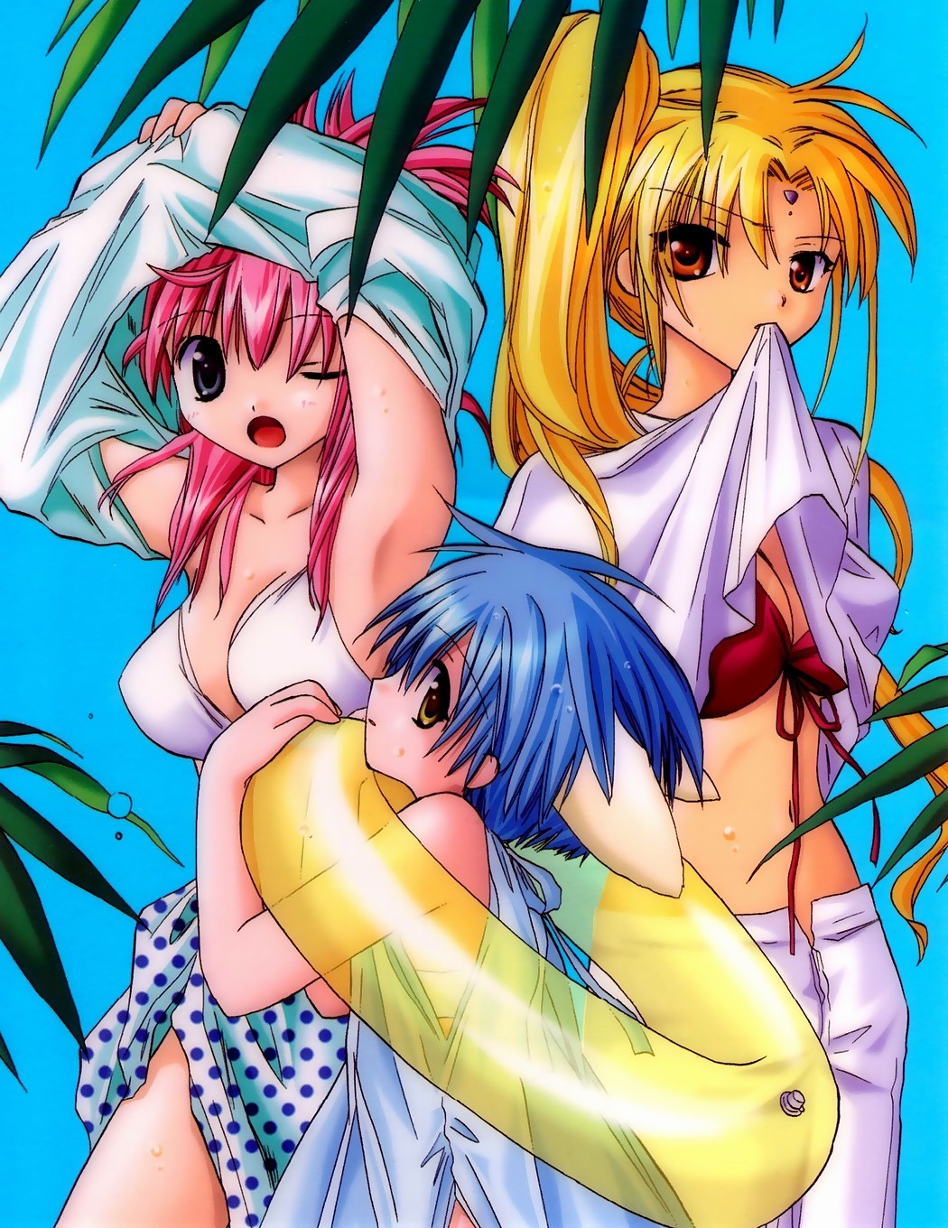 milfeulle sakuraba, mint blancmanche, ranpha franboise, galaxy angel, highres, 00s, 3girls, animal ears, bikini, blue eyes, blue hair, breasts, brown eyes, innertube, large breasts, looking at viewer, looking back, multiple girls, one eye closed, short hair, swim ring, swimsuit, yellow eyes