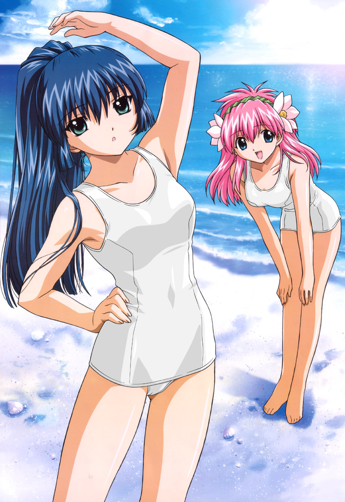 karasuma chitose, milfeulle sakuraba, galaxy angel, 00s, 2girls, beach, blue eyes, blue hair, cloud, flower, hair flower, hair ornament, high ponytail, long hair, looking at viewer, multiple girls, one-piece swimsuit, outdoors, pink hair, ponytail, school swimsuit, sky, smile, stretching, swimsuit, white one-piece swimsuit, white school swimsuit