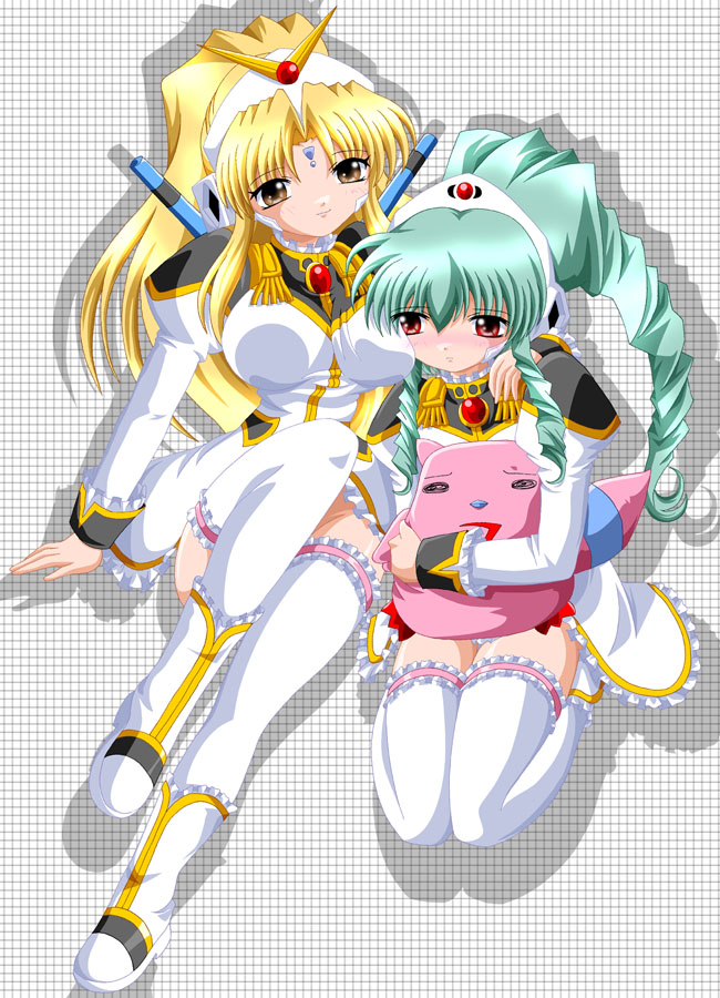 imai kazunari, normad, ranpha franboise, vanilla h, galaxy angel, uniform, non-web source, 2girls, alternate legwear, blonde hair, blush, brown eyes, cosplay, drill hair, green hair, headgear, multiple girls, ponytail, red eyes, robot ears, sitting, stuffed animal, stuffed toy, thighhighs, vanilla h (cosplay)