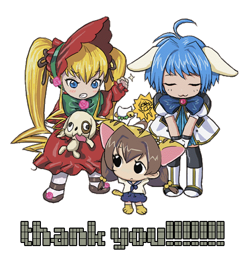 dejiko, kunkun, mint blancmanche, puchiko, sakurada jun, sanada asami, sawashiro miyuki, shinku, broccoli (company), di gi charat, galaxy angel, rozen maiden, 00s, 3girls, :3, blonde hair, blue eyes, blue hair, blue skirt, child, crossover, multiple crossover, multiple girls, skirt, text focus, thank you, transparent background, voice actor connection