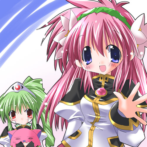 milfeulle sakuraba, normad, vanilla h, broccoli (company), galaxy angel, lowres, 00s, 2girls, blue eyes, blush, green hair, looking at viewer, multiple girls, open mouth, pink hair, red eyes, simple background, smile