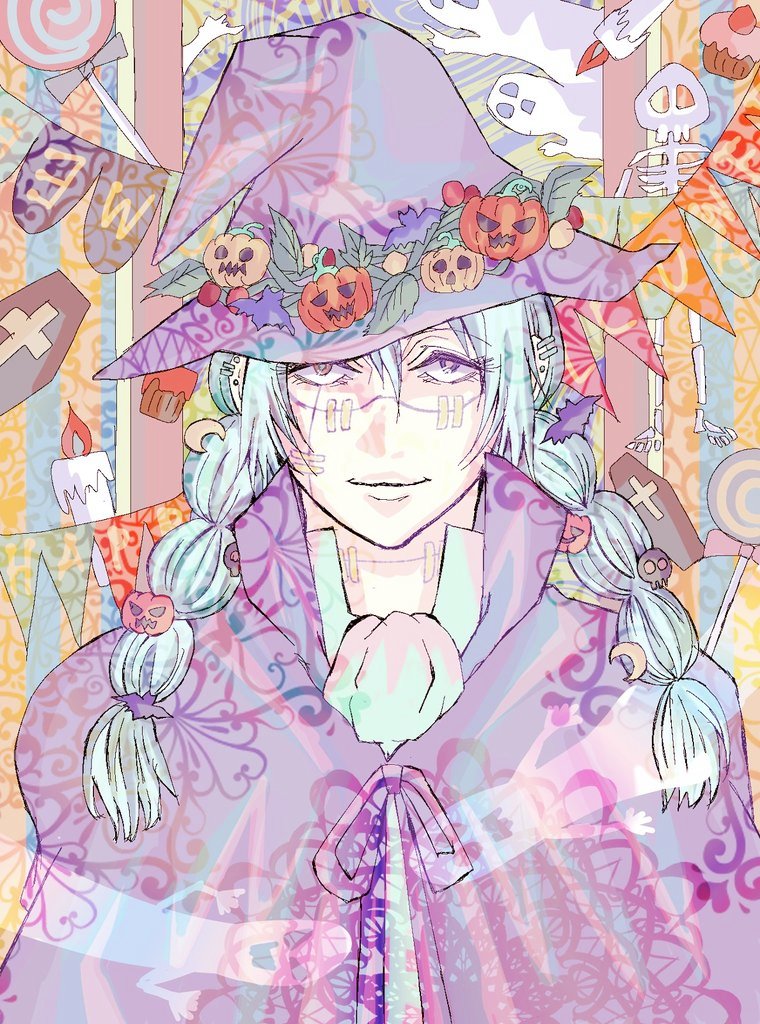 ivii3, mahito (jujutsu kaisen), jujutsu kaisen, 1boy, alternate costume, alternate hairstyle, androgynous, ascot, blue eyes, blue hair, cloak, ear piercing, eyelashes, hair between eyes, halloween, hat, heterochromia, light smile, long hair, male focus, piercing, purple cloak, skeleton, solo, stitched face, stitched neck, stitches, twintails, upper body, witch, witch hat, wreath, yellow eyes
