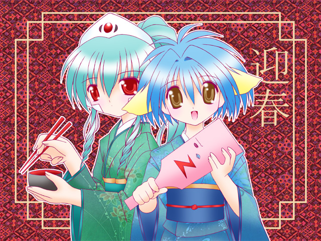 mint blancmanche, normad, vanilla h, galaxy angel, tagme, 00s, 2girls, animal ears, blue hair, blush, brown eyes, green hair, japanese clothes, kimono, long hair, looking at viewer, multiple girls, new year, open mouth, red eyes, short hair, smile