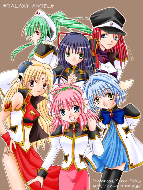 yufuji saeka, forte stollen, karasuma chitose, milfeulle sakuraba, mint blancmanche, ranpha franboise, vanilla h, galaxy angel, 00s, 6+girls, artist name, blonde hair, blue eyes, blue hair, brown eyes, copyright name, green hair, hat, long hair, looking at viewer, monocle, multiple girls, peaked cap, pink hair, red eyes, red hair, side slit, simple background, smile, watermark, web address, yellow eyes