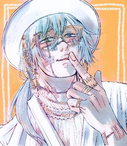 ivii3, mahito (jujutsu kaisen), jujutsu kaisen, 1boy, alternate costume, blue eyes, blue hair, finger to mouth, gold ring, hair between eyes, hat, heterochromia, long hair, male focus, solo, stitched arm, stitched face, stitches, sunglasses, white hat, yellow eyes