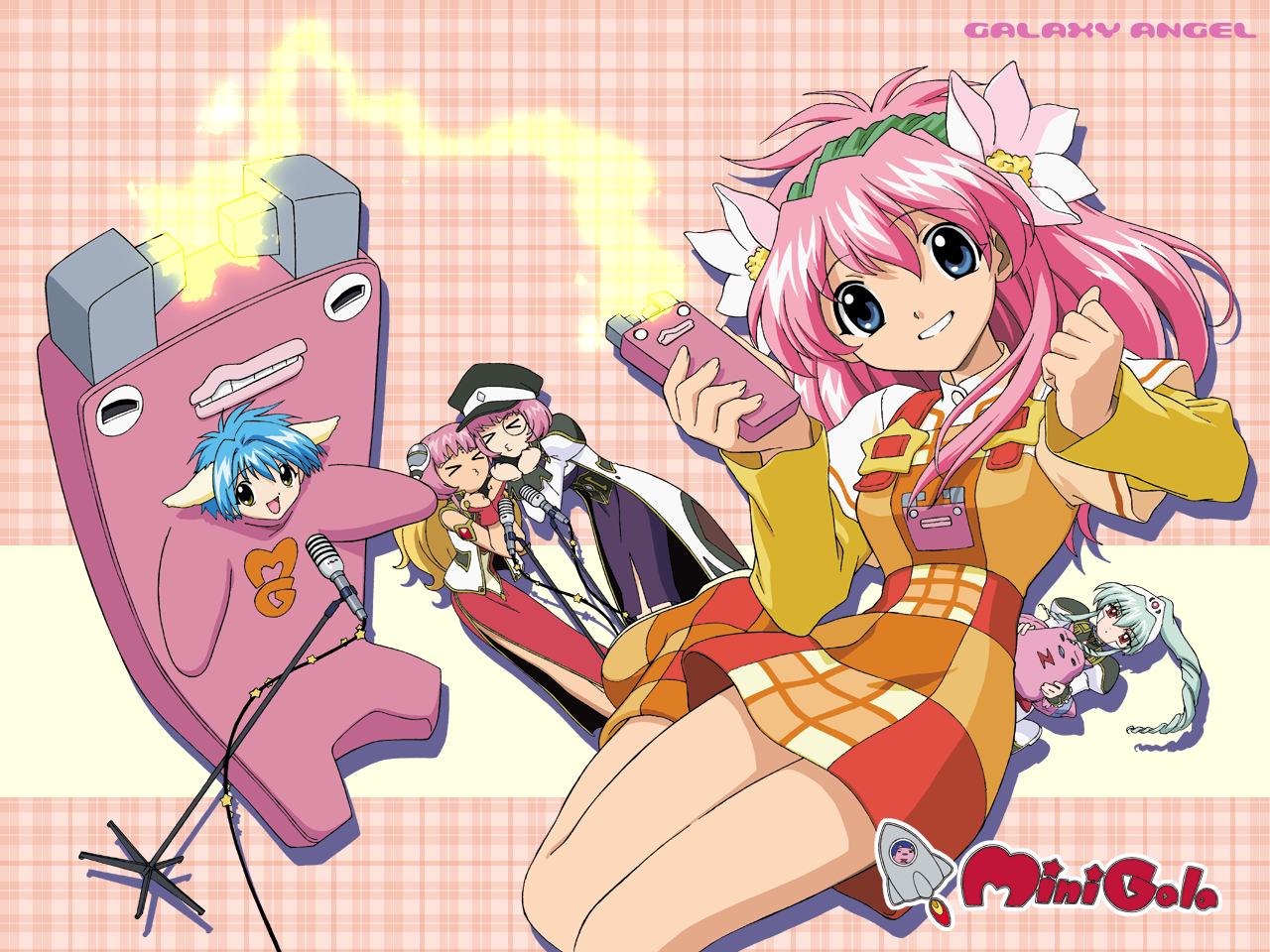 forte stollen, milfeulle sakuraba, mint blancmanche, normad, ranpha franboise, vanilla h, broccoli (company), galaxy angel, artist request, >3<, > <, 00s, 5girls, blonde hair, blue eyes, blue hair, brown eyes, character name, costume, electricity, electroshock weapon, energy, green hair, less-than-lethal weapon, looking at viewer, microphone, microphone stand, monocle, multiple girls, pantyhose, pink hair, red eyes, smile, stun gun, taser