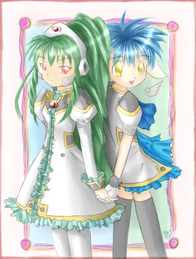 mint blancmanche, vanilla h, galaxy angel, 00s, 2girls, animal ears, blue hair, green hair, high ponytail, long hair, multiple girls, ponytail, red eyes, smile, thighhighs, yellow eyes