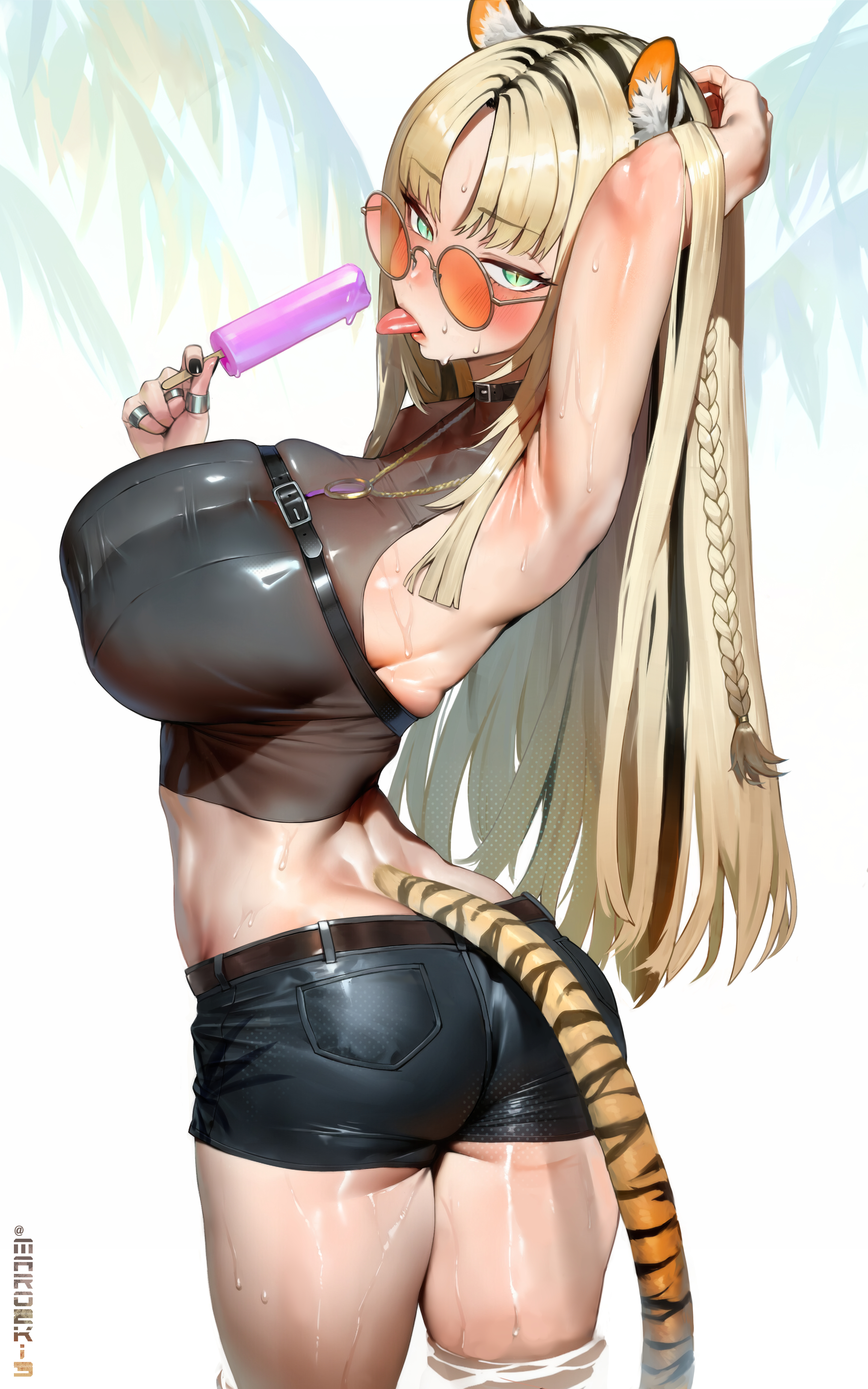 maro2ki3, koganei niko, hololive, hololive dev is, absurdres, highres, 1girl, animal ears, arm behind head, arm up, ass, black hair, black nails, black shirt, black shorts, blonde hair, blunt ends, blush, braid, chest belt, cropped shirt, curtained hair, food, from behind, green eyes, halter shirt, halterneck, hand up, holding, holding food, holding popsicle, impossible clothes, jewelry, kemonomimi mode, long hair, looking at viewer, multicolored hair, multiple rings, nail polish, orange-tinted eyewear, palm leaf, parted bangs, popsicle, ring, round eyewear, shirt, short shorts, shorts, side braid, skin tight, sleeveless, sleeveless shirt, slit pupils, solo, streaked hair, sunglasses, tail, tiger ears, tiger girl, tiger tail, tinted eyewear, tongue, tongue out, virtual youtuber