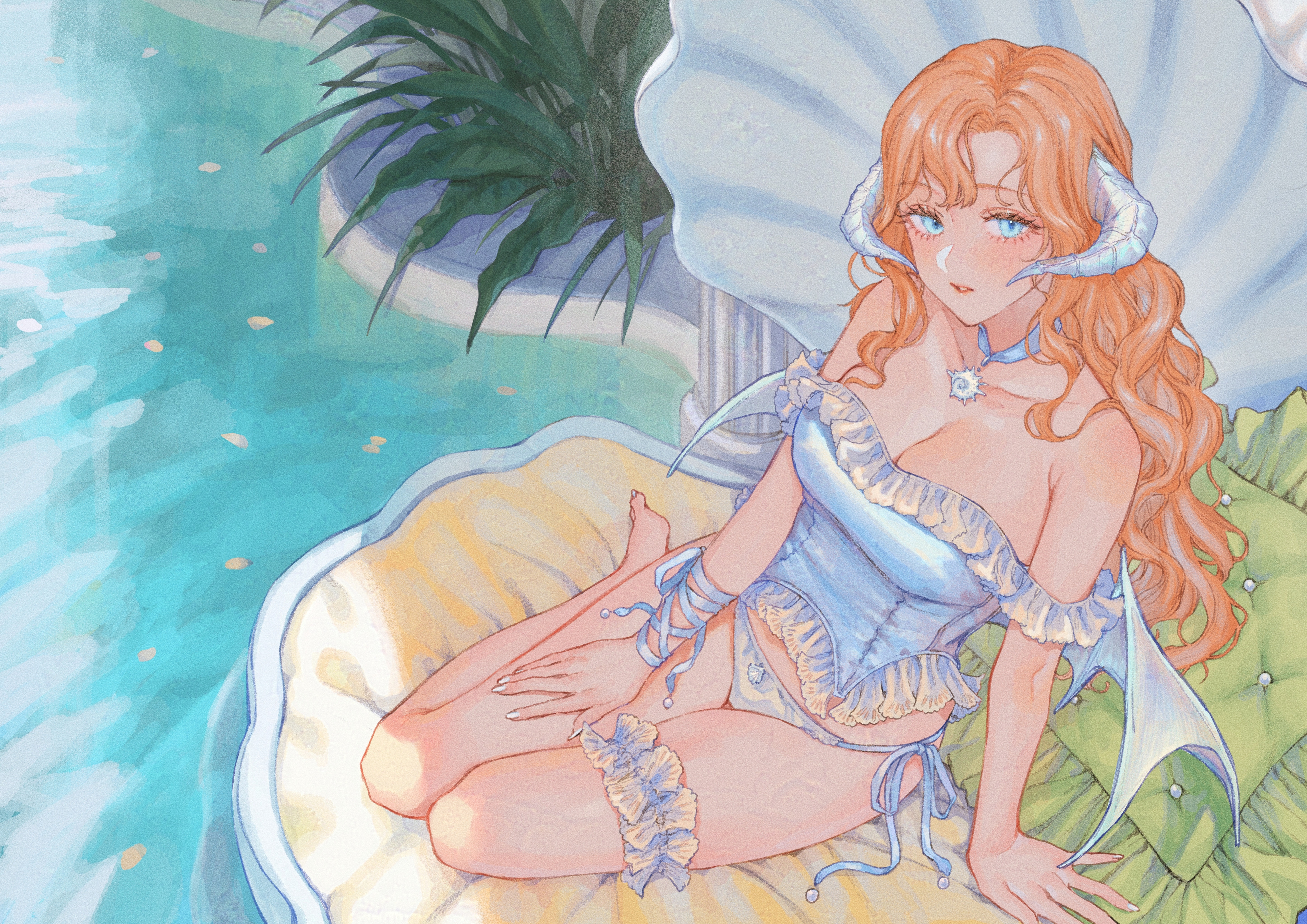 uni (melm), original, absurdres, highres, 1girl, arm support, barefoot, blue eyes, breasts, cleavage, demon girl, detached collar, frilled thigh strap, horns, large breasts, long hair, looking at viewer, low wings, orange hair, panties, side-tie panties, solo, strapless, thigh strap, underwear, water, wavy hair, white bustier, white panties, wings