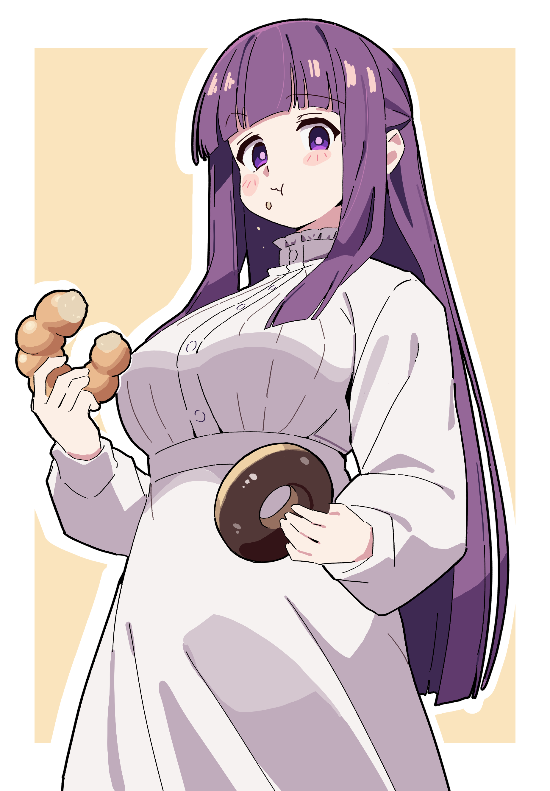 noyama takenoko, fern (sousou no frieren), sousou no frieren, absurdres, commentary request, highres, 1girl, :t, blunt bangs, blush stickers, breasts, donut, dress, eating, food, holding, holding donut, holding food, large breasts, long hair, long sleeves, looking at viewer, outline, pon de ring, purple eyes, purple hair, simple background, solo, very long hair, wavy mouth, white dress, white outline