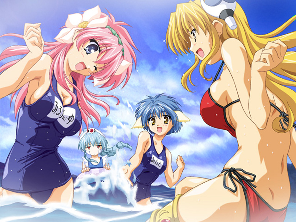 milfeulle sakuraba, mint blancmanche, ranpha franboise, vanilla h, galaxy angel, 00s, 4girls, animal ears, bikini, blonde hair, blue eyes, blue hair, breasts, brown eyes, cleavage, cloud, dutch angle, green hair, happy, large breasts, looking at viewer, multiple girls, name tag, ocean, one eye closed, open mouth, outdoors, pink hair, red eyes, red hair, school swimsuit, sideboob, sky, smile, swimsuit
